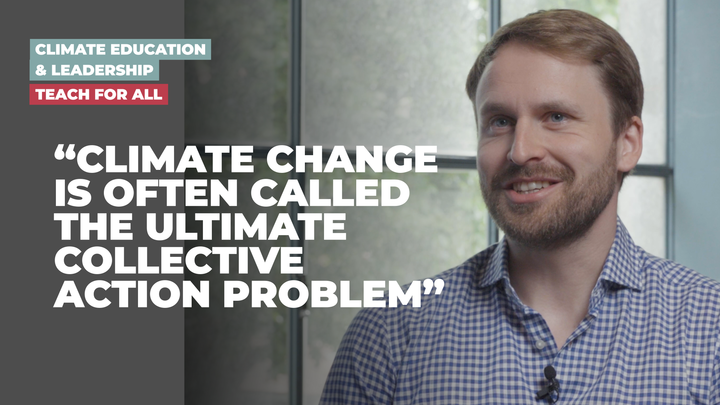 Headshot of a white man with red hair in a plaid button down. Text that says "Climate change is often called the ultimate collective action problem."
