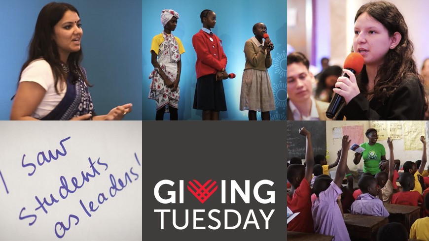 A collage of images of young people speaking into microphones and a Giving Tuesday logo on a black background