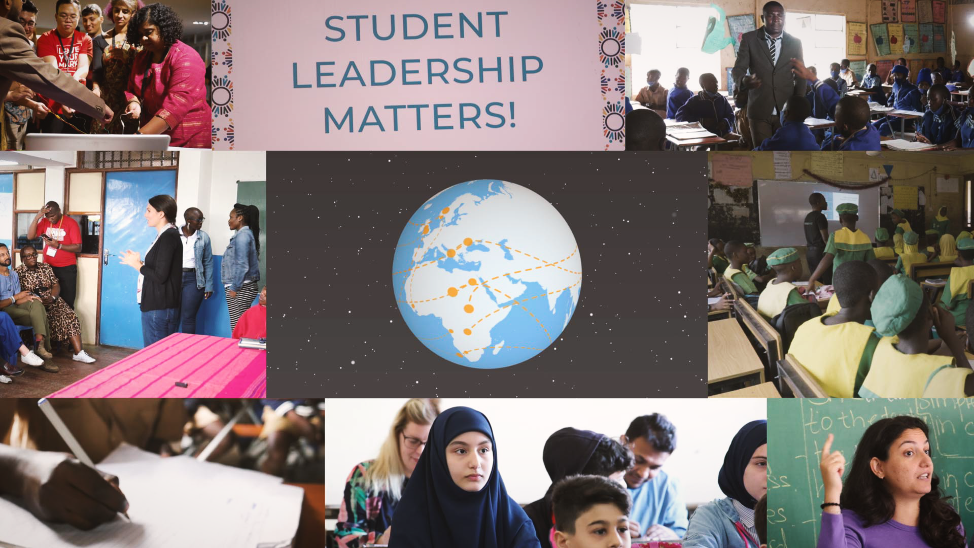 A montage of images of diverse adults and children surround a rectangle with a globe in the middle and starry sky in the background
