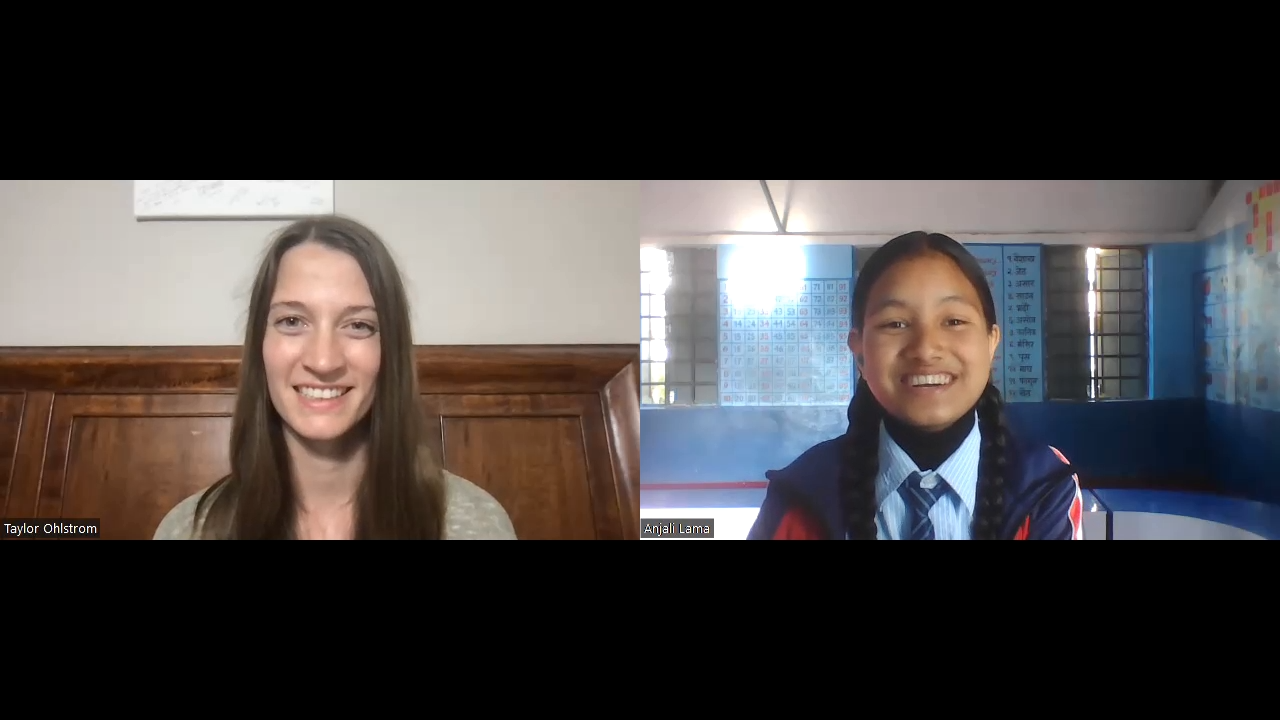 A split Zoom screen of headshots of a young white woman with long brown hair and a Nepalese girl wearing a shcool uniform and braids