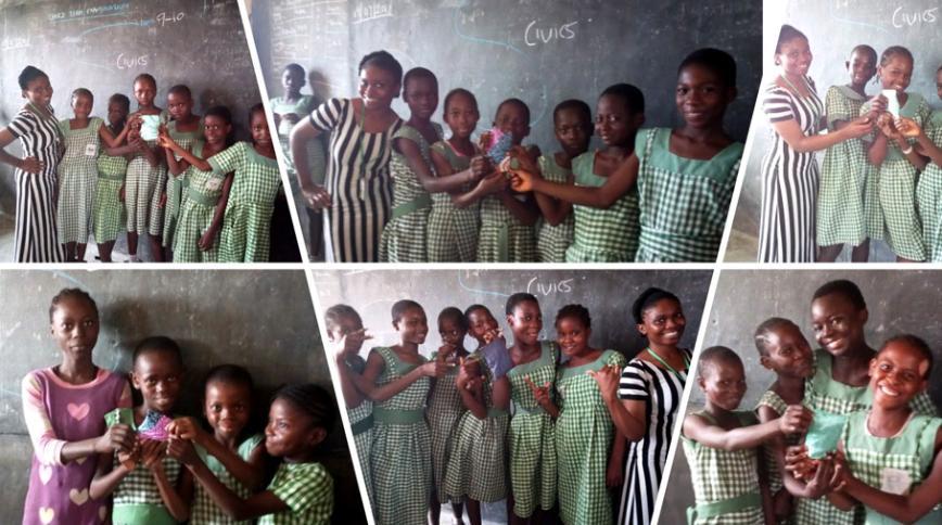 6 images of a teacher in a black and white striped dress with her girl students, who are wearing green and white plaid dresses