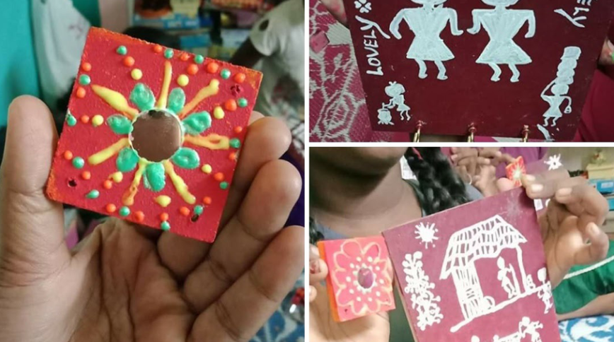 Montage of three images showing detail pf folk art. Largest image is a hand holding a red square tile with a colorful flower design.