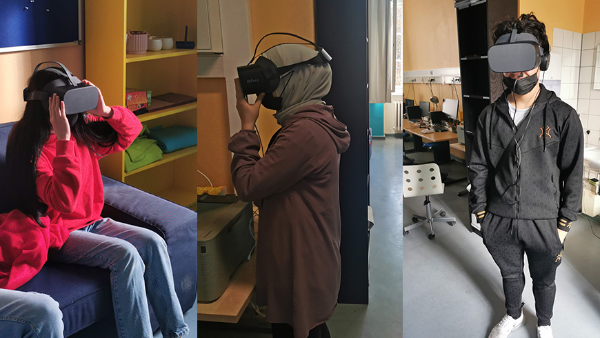 collage of three individual photos of students wearing VR headsets